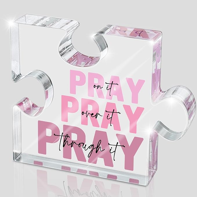 Religious Plaques Christian Woman Decor Gifts - Pray on it Pray over it -Puzzle Acrylic Sign - Pink Office Desk Accessories Decor Sign, Pink Dorm Room for Women - Long Distance Gifts (puzzle)