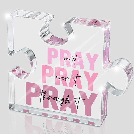 Religious Plaques Christian Woman Decor Gifts - Pray on it Pray over it -Puzzle Acrylic Sign - Pink Office Desk Accessories Decor Sign, Pink Dorm Room for Women - Long Distance Gifts (puzzle)