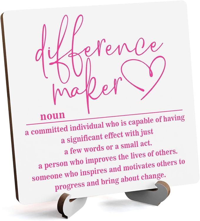 Wooden Table Sign Office Decor Difference Maker Definition Desk Decor Wood Plaque With Stand Thank You Gifts for Boss Women Best Mom Coworker Teacher Office Desk Accessories(White)-C01