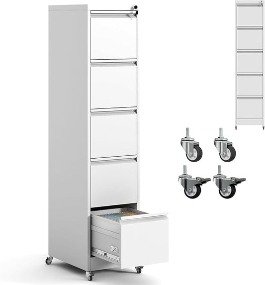 5 Drawer File Cabinet with Wheels,Metal Mobile Filing Cabinets with Lock,Vertical File Cabinet for Home Office,Heavy Duty Storage Cabinet for A4/Letter/Legal Size File,Assembly Required