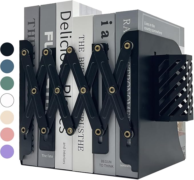 Kingsmile Book Ends, Adjustable Bookends for Shelves, Metal Bookends for Heavy Books, Book Stopper Organzier with Pen Holder for Desk, Kids Room, Office, Classroom, Library, Study Room.(Black)