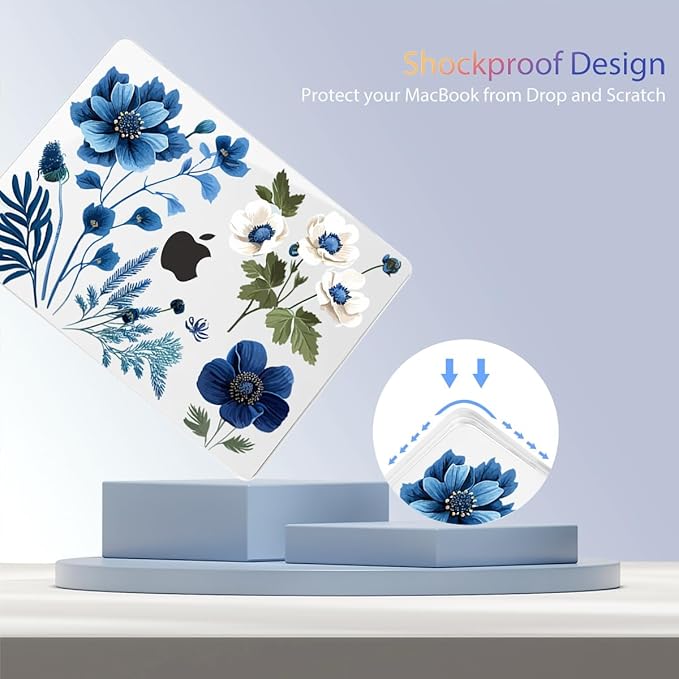 Teryeefi Compatible with M2 M1 MacBook Pro 13 Inch Case A2338 A2289 A2251 A2159 A1989 A1706 A1708 (2024 20203 2022-2016), Hard Shell Case & Keyboard Cover for Mac Pro 13" - Blue Plant Flower