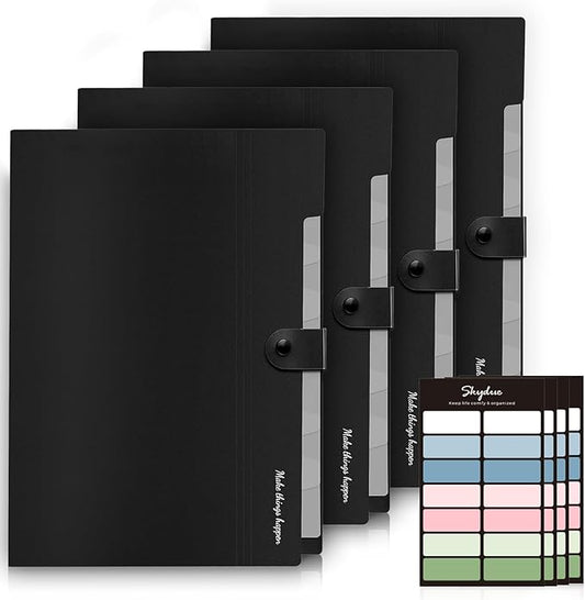 SKYDUE Expanding File Folders with Labels,8 Pockets Accordion File Organizer, Portable Document Paper Organizer, A4 Letter Size Filing Folder for Office, Pack of 4, Black