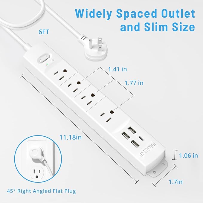 TROND Surge Protector Power Strip with USB, Ultra Thin Flat Plug 6ft Extension Cord 1625W, 3 USB A & 1 Type C, 4 AC Outlets 1440J Surge Protection ETL Listed, Wall Mount for Home Office Dorm, White