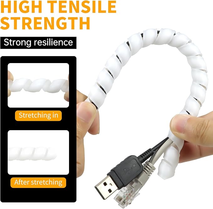 Spiral Wire Wrap, 9.84ft, 16.4ft, 33ft Spiral Cable Wrap Sleeve Hose for Computer, Power, Audio & Video Cords Stop Cord Tangle and Detangler (White, 10mm (3/8")-33ft)