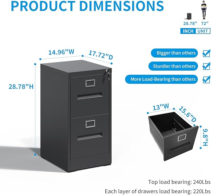2 Drawer File Cabinet with Lock and Card Slot, Vertical Metal Filing Cabinet for Home Office Under Desk Storage for A4 Legal/Letter Folders,Silent Sliding Drawers, Assembly Required (Black)