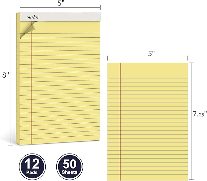 ViVin 5 x 8 Inch Legal Pads, 12 Pack, Narrow Ruled, 50 Sheets Per Writing Pad, Perforated Note Pads Ideal for Home, Office, Business, 600 Sheets, Canary Yellow Paper