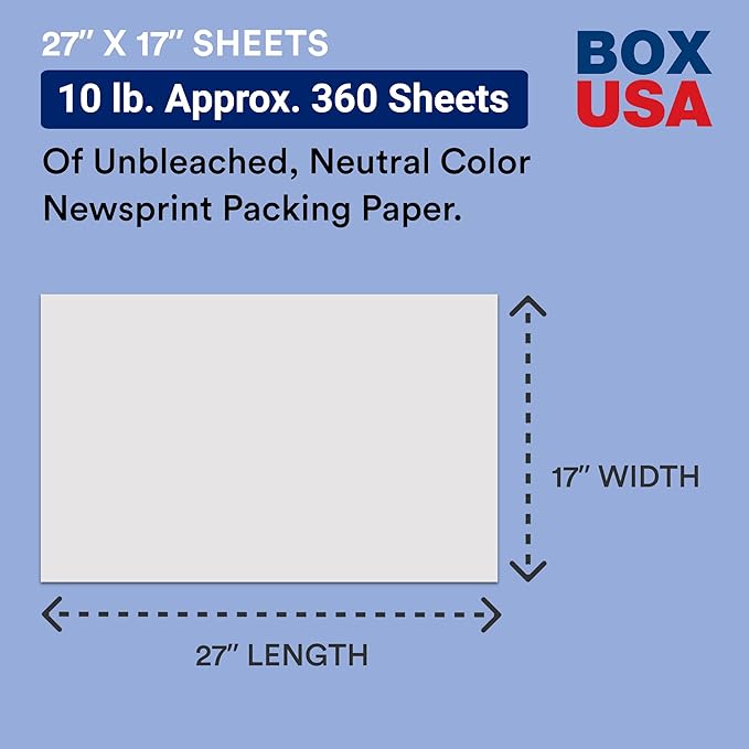 BOX USA Newsprint Packing Paper Sheets 360 Sheets (10 lbs.) Pre-Cut 27" x 17" Large Packing Paper Sheets for Moving, Shipping & Storage, Perfect Moving Supplies
