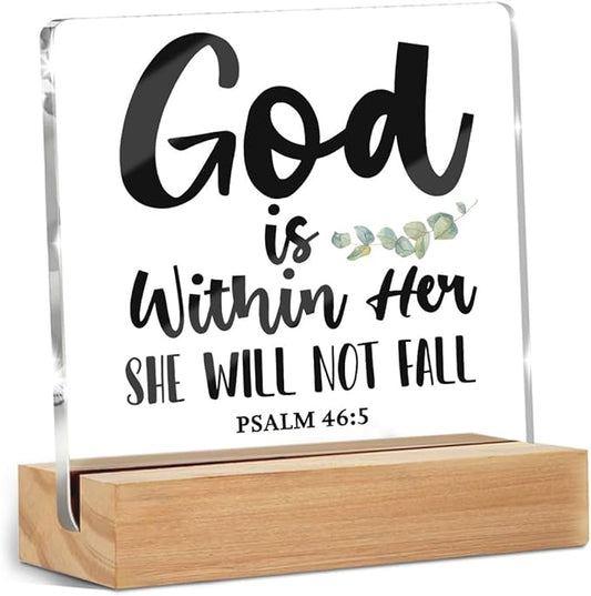 God is within Her Bible Verse Christian Gifts for Women Men Coworkers Friends, Motivational Quotes Psalm 46 : 5 Desk Decor Acrylic Sign 4x4 Inch, Positive Affirmations Desk Accessories Signs