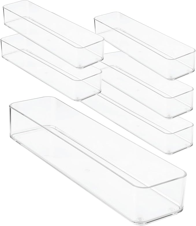 Plastic Clear Drawer Organizers. Bathroom, Kitchen, Bedroom, Gadgets, Office Organizer Bins, Storage Trays. Heavy Duty, Stackable. 12" x 3" x 2" Set of 6