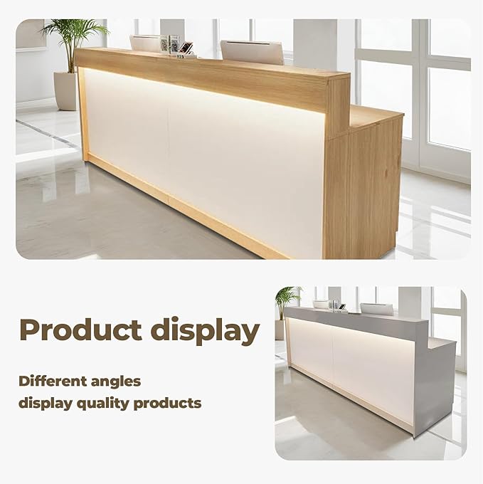 Modern Reception Desk Front Desk with LED Strip Lighting, Lockable Drawers, and Versatile Storage for Office, Checkout (Wood Color/Regular Type, 55.12" L*23.62" W*39.37" H)
