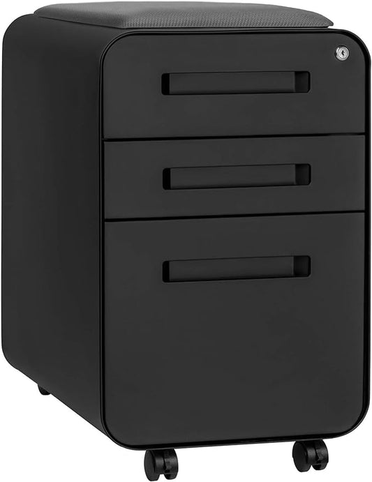 Laura Davidson Furniture STOCKPILE Curve Seated 3-Drawer Mobile File Cabinet with Removable Magnetic Cushion Seat - Metal Filing Cabinet, Pre-Assembled, Black with Dark Grey Cushion