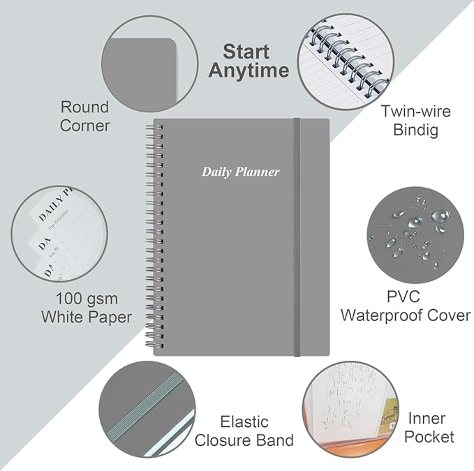 Daily Planner Undated - B5 To Do List Notebook Hourly Schedules, Spiral Appointment Planner for Women and Men, PVC Hardcover, Inner Pocket, Elastic Closure, 7" x 10", Grey