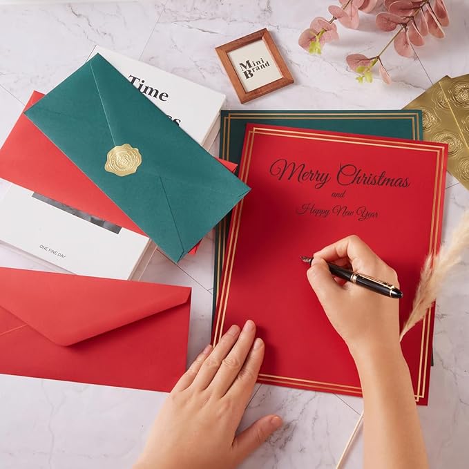 50 Pack Christmas Stationery Set, Green Red #10 Business Envelopes, 50 Sheets 8.5x11 Paper Sheet and Gold Stickers for Office, Letters, Invitations (8.5x11)