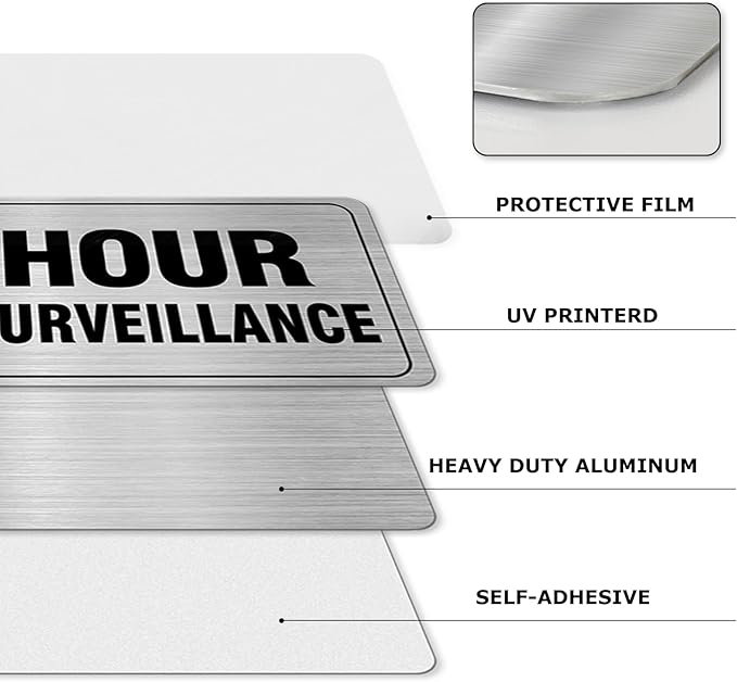 24 Hour Video Surveillance Sign Aluminum Silver 9 x 3 Inches Self-Adhesive Waterproof Metal Door Wall Sign for Business Restaurants 4 Pack