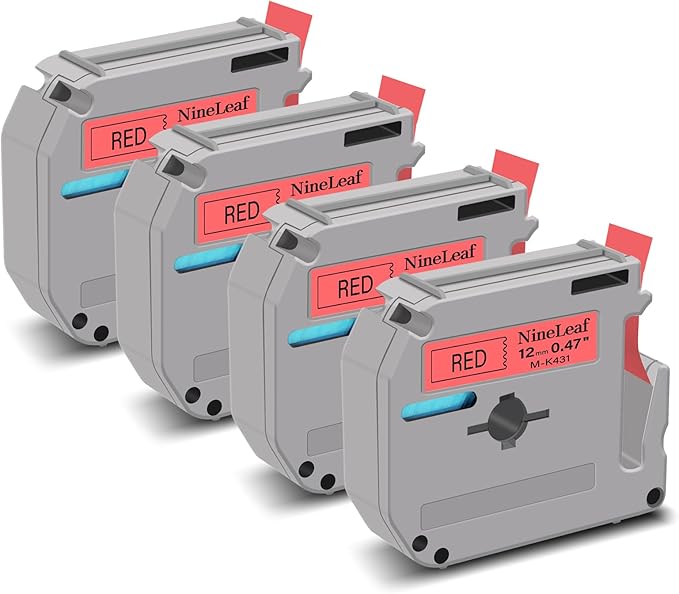 NineLeaf 4 Pack Compatible for Brother P-Touch M Tape M-K431 M-K431S MK431 M431 12mm 0.47'' Black on Red Label Tape for PT-M95 PT-65 PT-80 PT-70 PT-45 PT-90 Label Makers