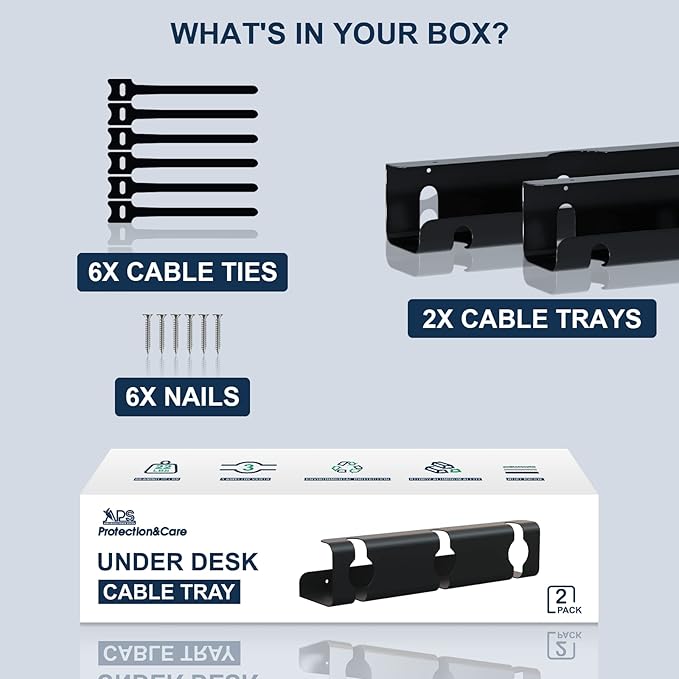 APS Under Desk Cable Management Tray, Two-Pack 16 Inch Black Metal Cord Organizer, Adhesive or Screw Mount for Glass/Marble/Office/Gaming Desk