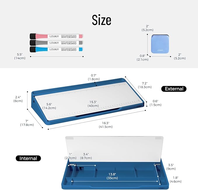 LOUKIN Glass Desktop Whiteboard, 15.3" x 5.6" Dry Erase Desk Board with Dotted and Graduated Surface, Desktop Buddy, Great for Design and Drawing, 3 Markers and 1 Dry Erase Eraser Included (Blue)
