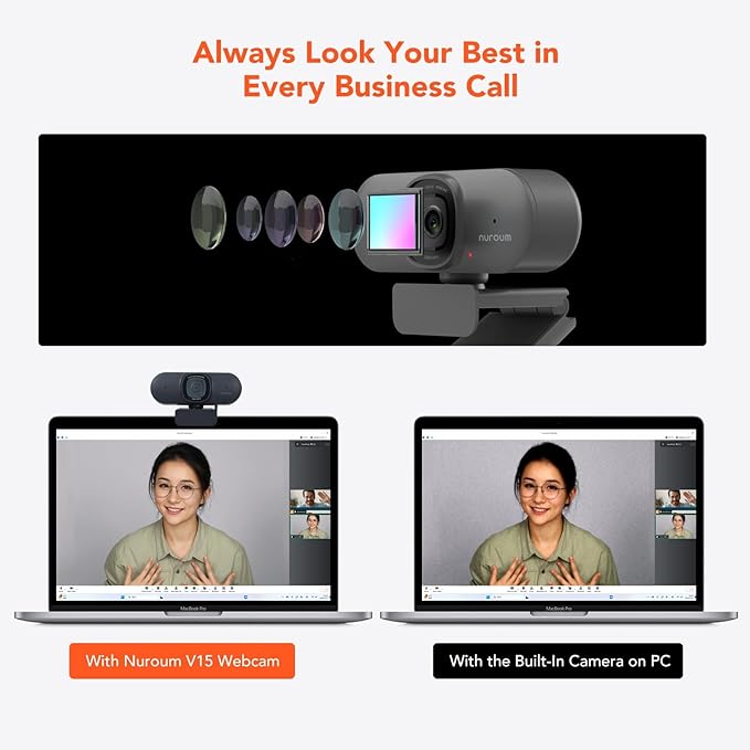 NUROUM V15AF 2K Webcam for PC, 1080P 60fps Autofocus HD Webcam with Dual Noise Cancelling Microphone, 75° FOV&Light Correction, USB Web Camera Plug&Play for Zoom/Teams,Grey