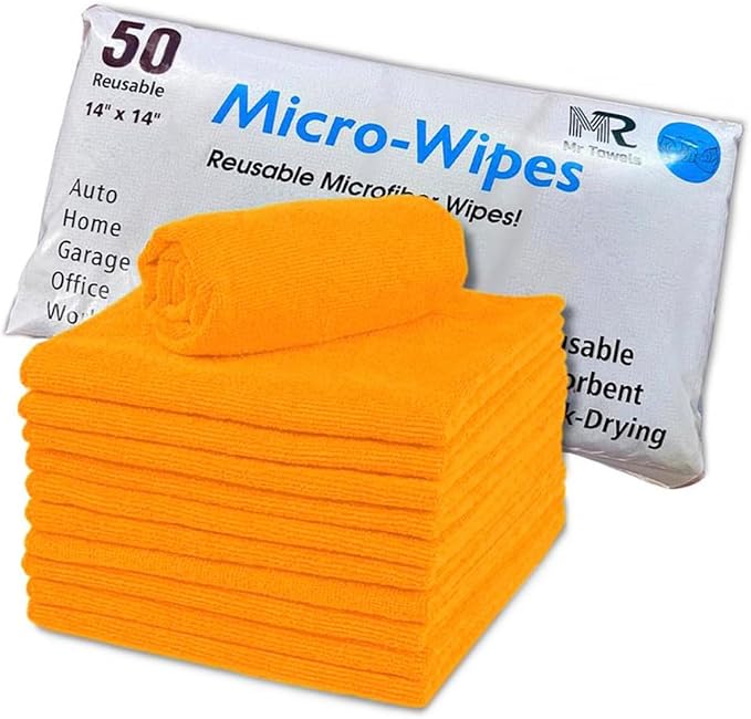 Reusable Microfiber Wipes, 50 Packs, Size 14 inches x 14 inches (Orange)