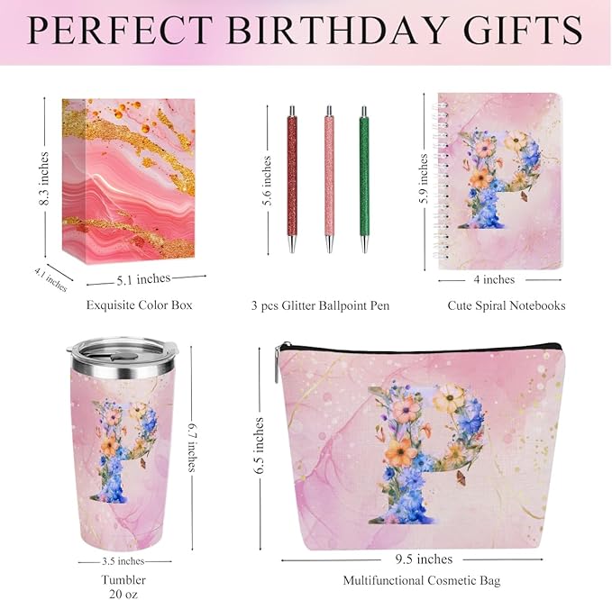 Personalized Gifts Monogrammed Birthday Gifts for Women, Mommy, Female Going Away Christmas, Initial 20 oz Tumbler, Makeup Cosmetic Bag Cup Pens Journal Notebook 6 Set, (Aesthetic Pink Flower P)