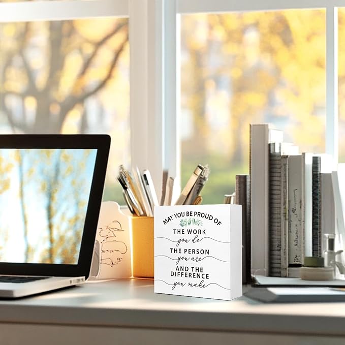 Wooden Block Sign "May You Be Proud Of The Work" 5x5x1 INCH, Professional Office Decor with Inspirational Message, Vintage Style Achievement Plaque for Desk or Wall