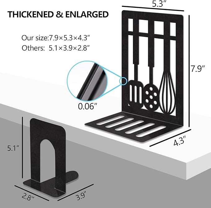 Book Ends,Metal Bookend,Bookend Decorative Heavy Book Ends for Shelves, Home Decorative Bookends for Heavy Books,Non-Skid Black Book Holder for Kitchen Housewarming Cooking Lover Gifts