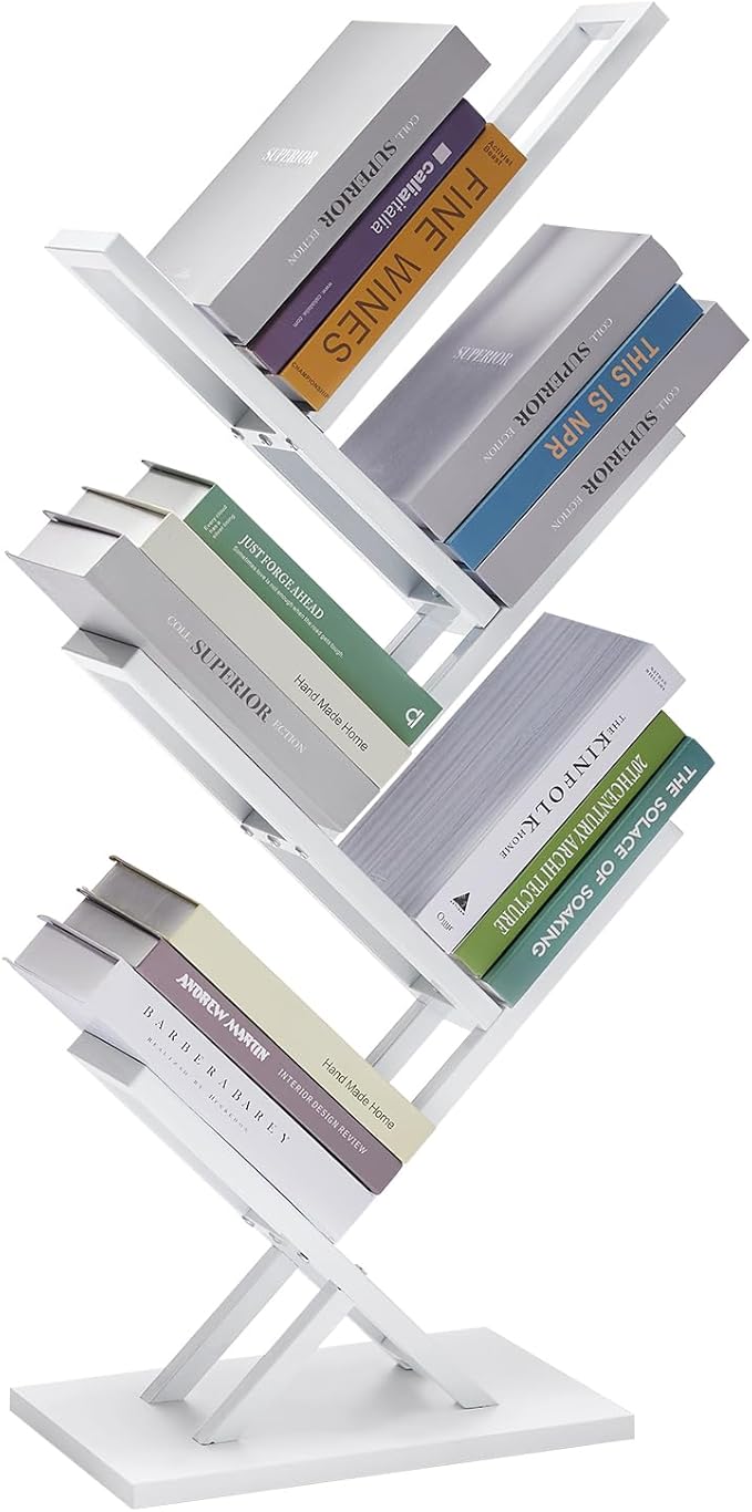 5 Tier Tree Bookshelf, Floor Standing Bookshelf for Narrow Space,Storage Organizer Bookshelves for Books/CDs/Magazine, Bookcase with Shelves for Home Office, Living Room- White