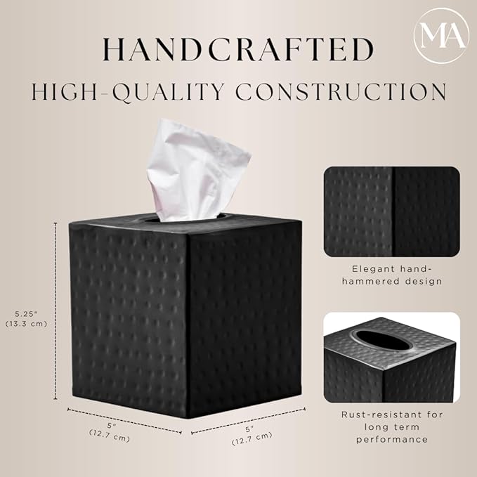 Monarch Abode Hand Hammered Tissue Box Cover Square, Matte Black Tissue Holder for Bathroom, Square Metal Dresser Accessories, Decorative Tissue Box Holder, Matte Black Handcrafted Tissue Cover