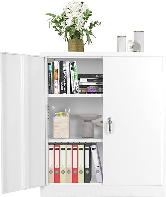 INTERGREAT Metal Cabinet with Lock, Lockable Metal Storage Cabinets with Doors and Shelves for Garage, White Locking Garage Storage Cabinets 36"×32"×16"