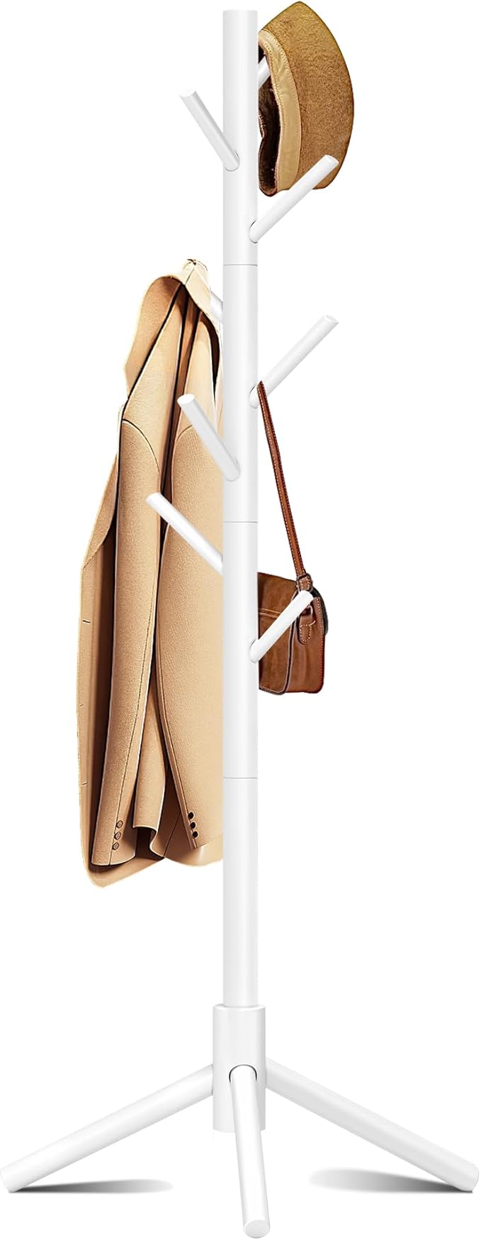 Wooden Coat Rack, Free Standing Coat Rack with 8 Hooks 3 Adjustable Heights for Clothes, Hats, Handbags, Coat Tree Easy Assembly for Entryway, Bedroom, Hallway, Office (New White)