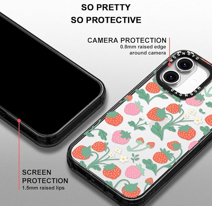 MOSNOVO Case for iPhone 16 Plus, [10ft 4X Military-Grade Drop Protection] Durable & Shockproof Phone Case Cover Design for iPhone 16 Plus - Strawberry Garden - Clear Black