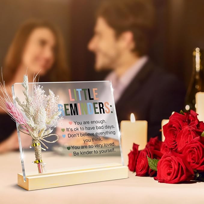 Inspirational Motivational Gifts Little Reminders You are Enough Clear Desk Decorative Sign, Bouquet Acrylic Sign With Wooden Stand for Office Desk Table Shelf