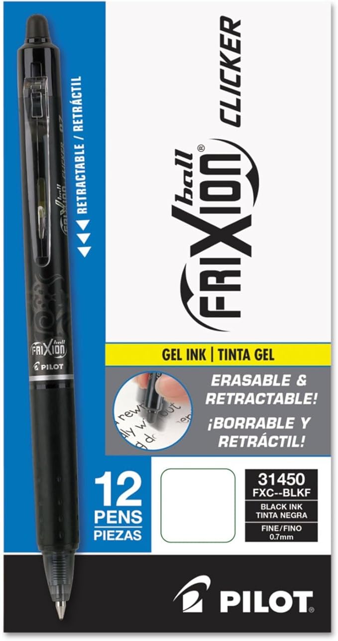 Pilot, FriXion Clicker Erasable Gel Pens, Fine Point 0.7 mm, Pack of 12, Black