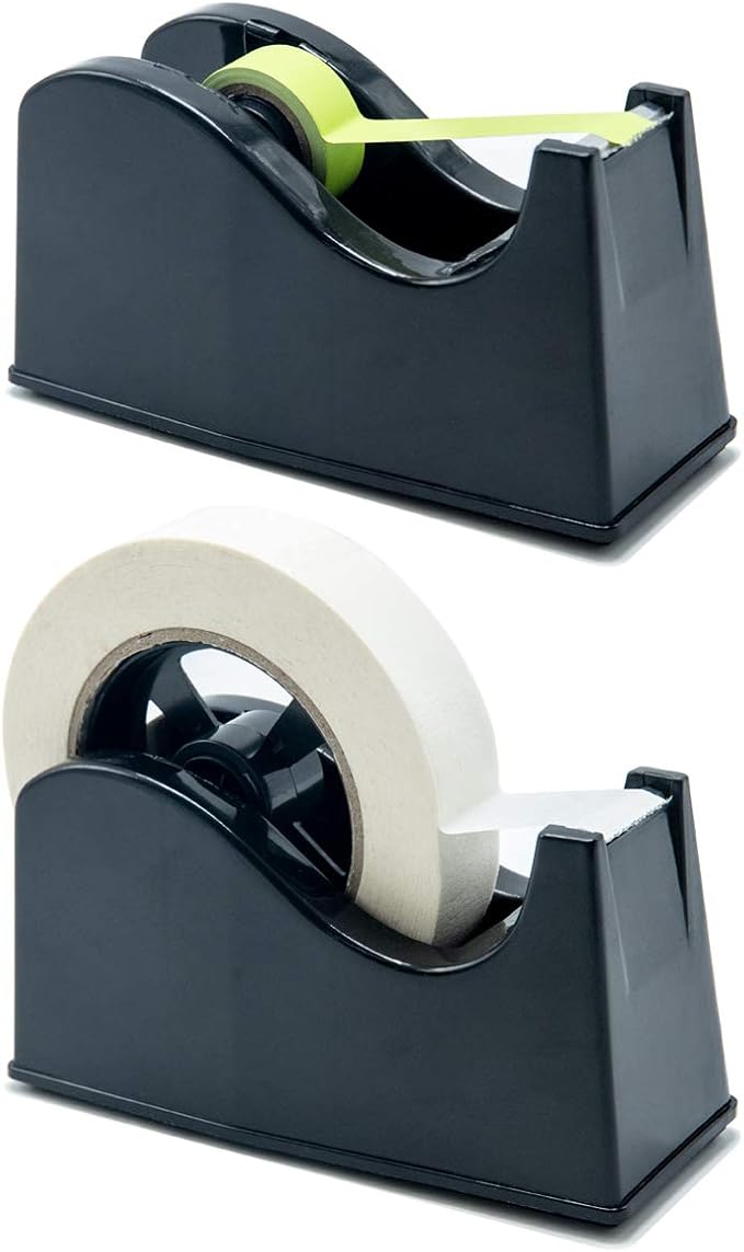Desktop Tape Dispenser Adhesive Roll Holder (Fits 1" & 3" Core) with Weighted Nonskid Base Black