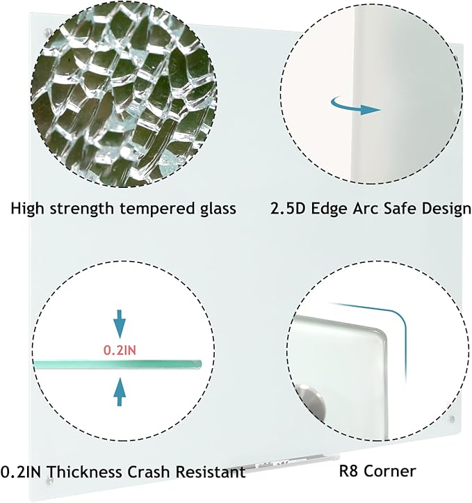 Notepad Glass Whiteboard 36 * 72Inches Magnetic Wall Mounted Frameless Glass White Board for Office, Home & School