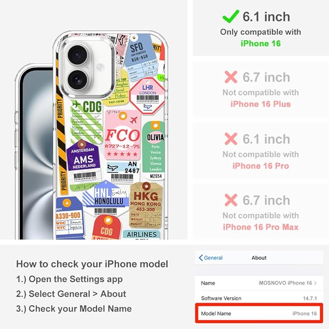 MOSNOVO Case for iPhone 16, [Buffertech 6.6ft Military-Grade Drop Protection] [Anti Peel Off Tech] Clear TPU Bumper Phone Case Cover Design - Air Ticket Labels