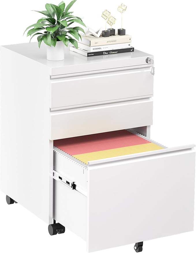 INTERGREAT 3 Drawer Filing Cabinet with Lock, White Mobile File Cabinet with Wheels, Rolling Small Metal Cabinets Under Desk for Home Office, Assembled