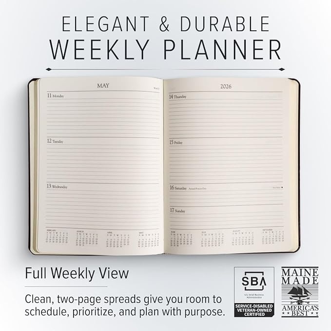 Gallery Leather Large Weekly Monthly Planner 2025-2026, Elegantly Bound Calendar Planner and Notebook with Stylish Gold-Gilded Page Edges, 12 Months - Acadia Navy - US Space Force - 9.75 x 7.5 "