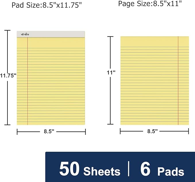 ViVin Legal Pads 8.5 x 11 Inch, Wide Ruled Note Pads, 6 Pack, 50 Sheet/Pad, Notepads for Office Home School, 300 Sheets, Perforated Writing Pads, Canary Yellow Paper