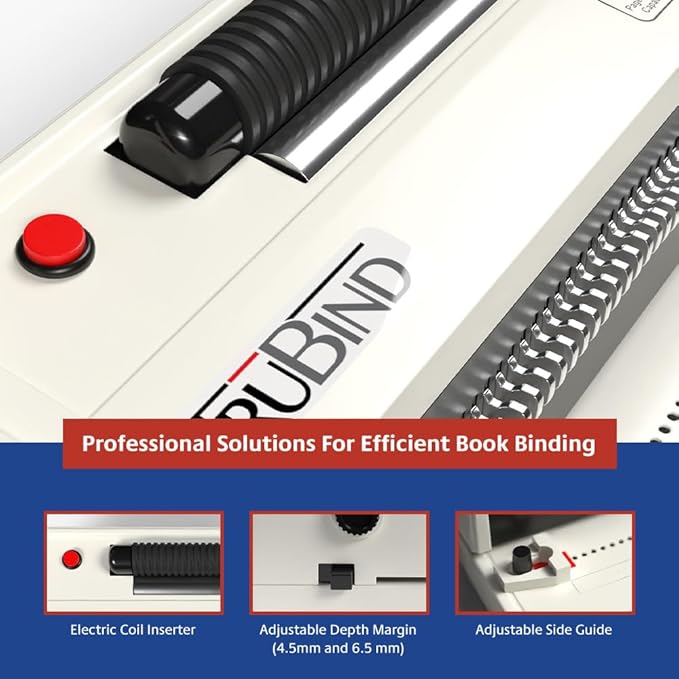 TruBind Coil Binding Machine with Electric Coil Inserter and Adjustable Side Margin | 20 Sheet Punch Capacity | Bind up to 440 Sheets | 46 Fully Disengageable Dies | 4:1 Pitch | 2-Year Warranty