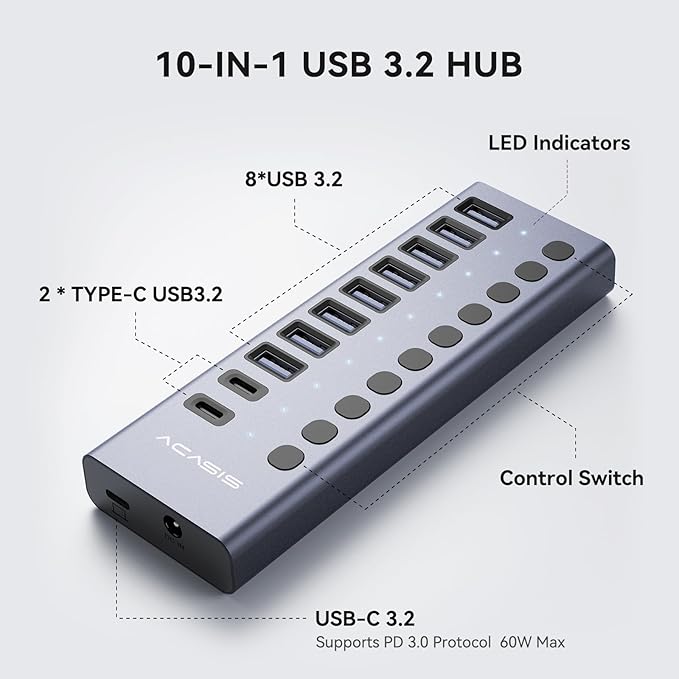 ACASIS 10 Ports 60W USB C 3.2 Hub, 10Gpbs Data Transfer, 20V/3A Power Adapter, Individual On/Off Switches, Aluminum Housing, USB Splitter for PC, Computer, Laptop, Mobile HDD, Flash Drive