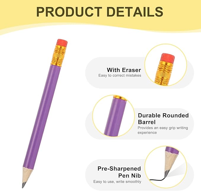 MECCANIXITY Golf Pencils with Erasers, 4" HB Mini Half Pencils Pre Sharpened Small Pens for Wedding Bridal Shower Game Office Writing Drawing(Purple, Pack of 50)