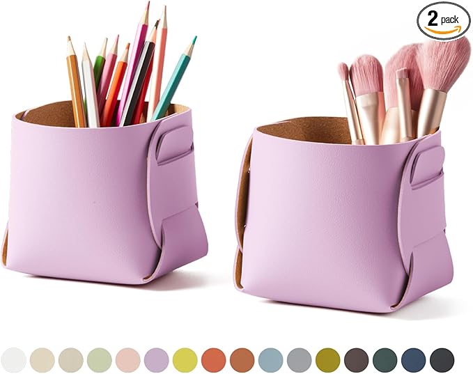 HOMIEAZICOZI 2-Pack Cork Leather Desk Accessories Storage - Pencil Pen Holder - Makeup Brush Holder Organizer - Stylish Addition to Home Decor (Purple)