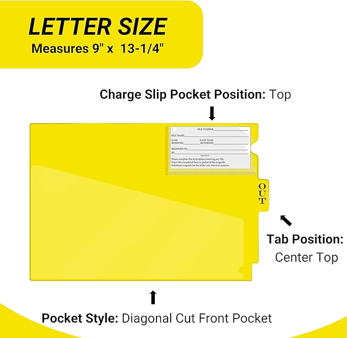 Doctor Stuff - Center Tab Vinyl Outguides, Diagonal Cut Front Pocket, Top Charge Out Slip Pocket, Plastic File Folder, Letter Size 9" x 13-1/4", Yellow, 50/Box