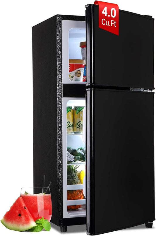 Mini Fridge with Freezer, 4.0 Cu. Ft. Double-Door Mini Refrigerator with 7-Level Adjustable Thermostat & Adjustable Glass Shelves, Compact Dorm Fridge 37 dB Low Noise for Bedroom, Apartment, Black