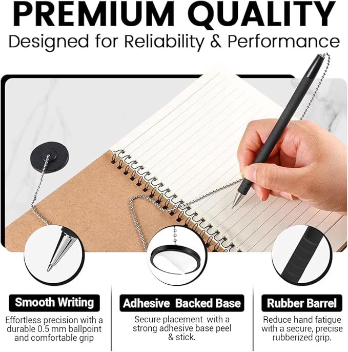 Secure Pen with Adhesive Pen Chain Holder 23-Inch Chain (42 Pieces) | 7 Black Pens and 7 Blue Pens with 14 Black & 14 Blue Refills | Counter Pens with Chain & Base