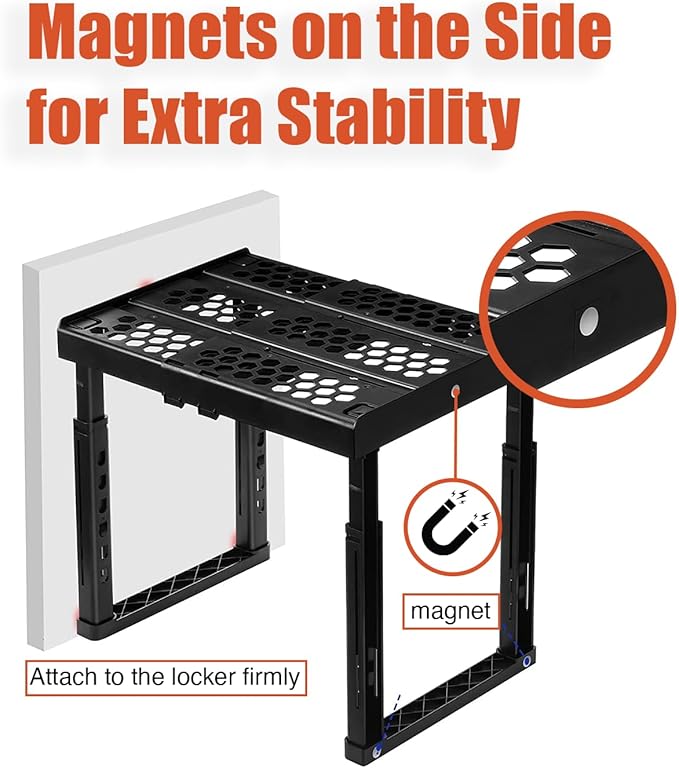 Locker Organizer Shelf， Adjustable Width and Height, Stackable, Ideal Locker Shelf for School, Office, Gym Lockers, or Even Kitchen Cabinets & Under Sink Organization (Black 1 Pack)