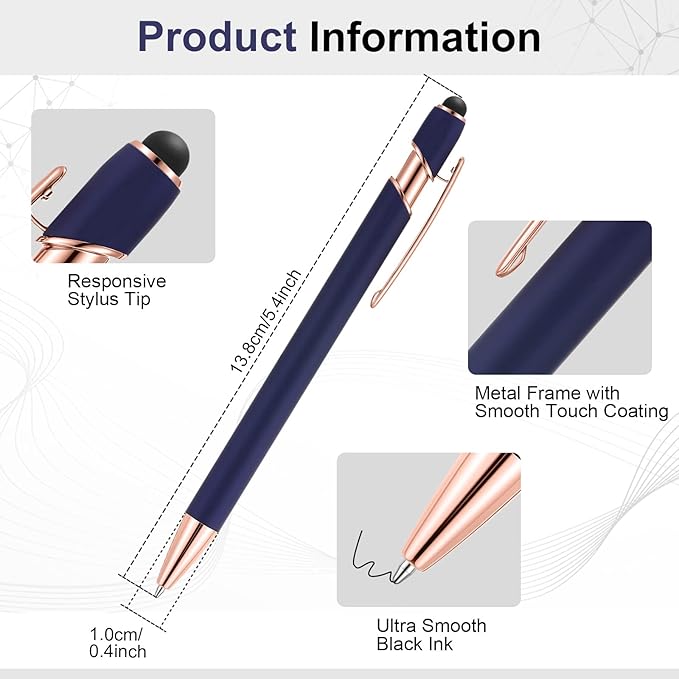 12 Pieces Ballpoint Pen with Stylus Tip, 1.0 mm Black Ink Metal Pen Stylus Pen for Touch Screens, 2 in 1 Stylus Ballpoint Pen (Cyan and Rose Gold)