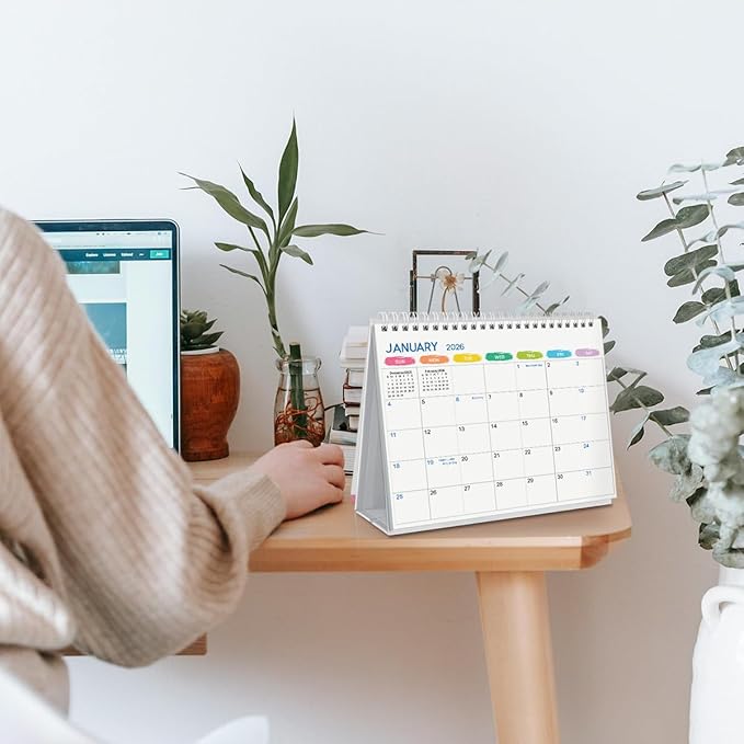 SKYDUE Desk Calendar 2025-2026, May 2025 to Dec 2026, 20 Months Small Desk Calendar with Planner Stickers, 8.5" x 7" Desktop Calendar Planner, Rainbow